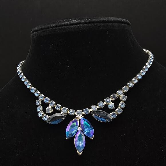 Blue Rhinestone Necklace Aurora Borealis Vintage Glam Jewelry - Picture 1 of 9